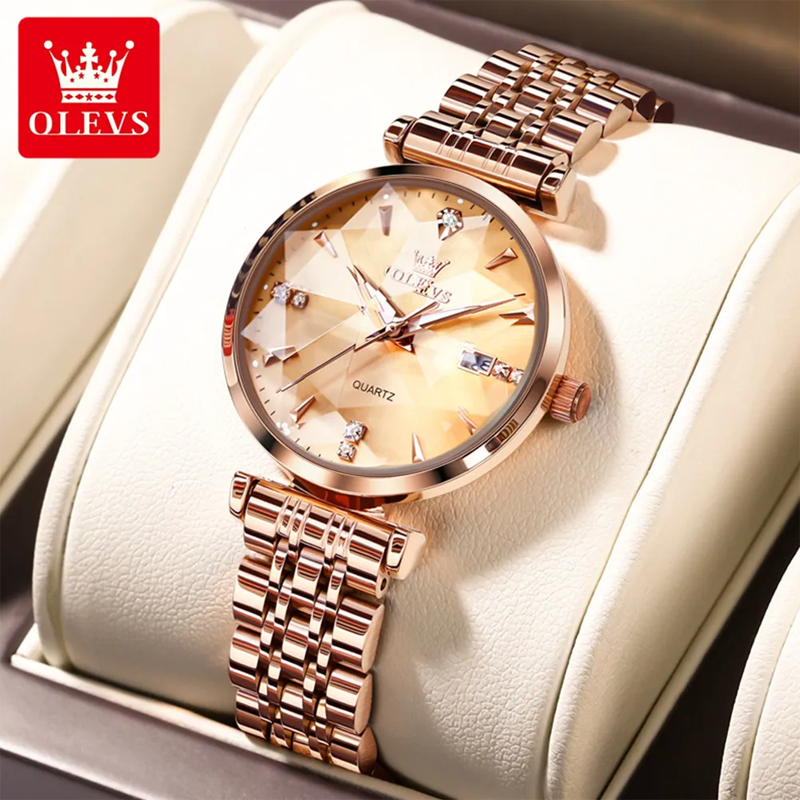 OLEVS Women Stainless Steel Strap Fashion Rhombus Mirror Design Luxury Ladies Wristwatch (Gold)